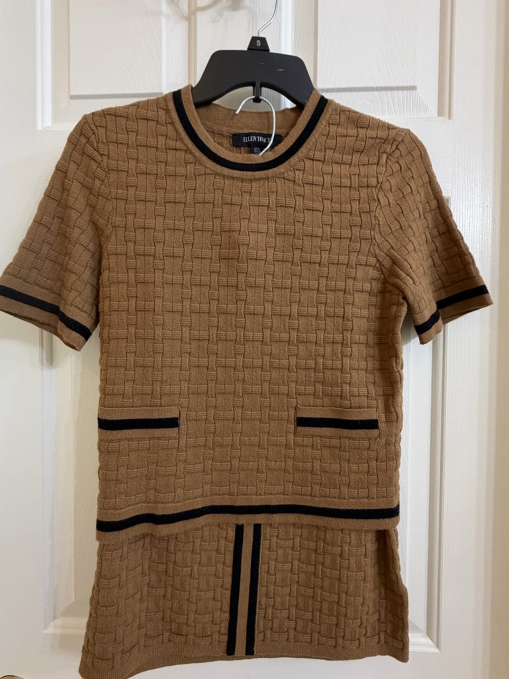 Ellen Tracy Camel Knit Top with Black Trim